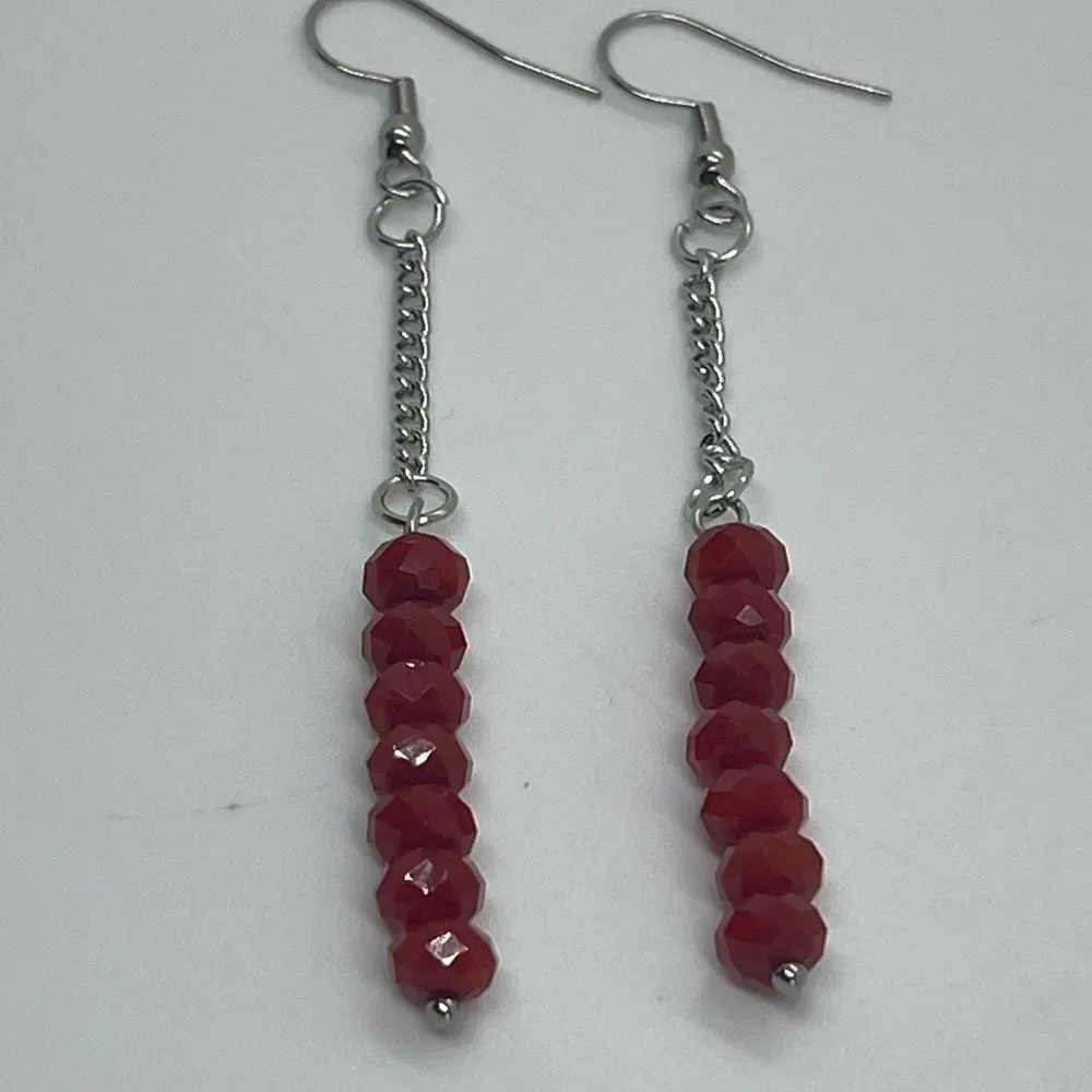 Hand Crafted Red Crystal With Chain Earrings Set NWT